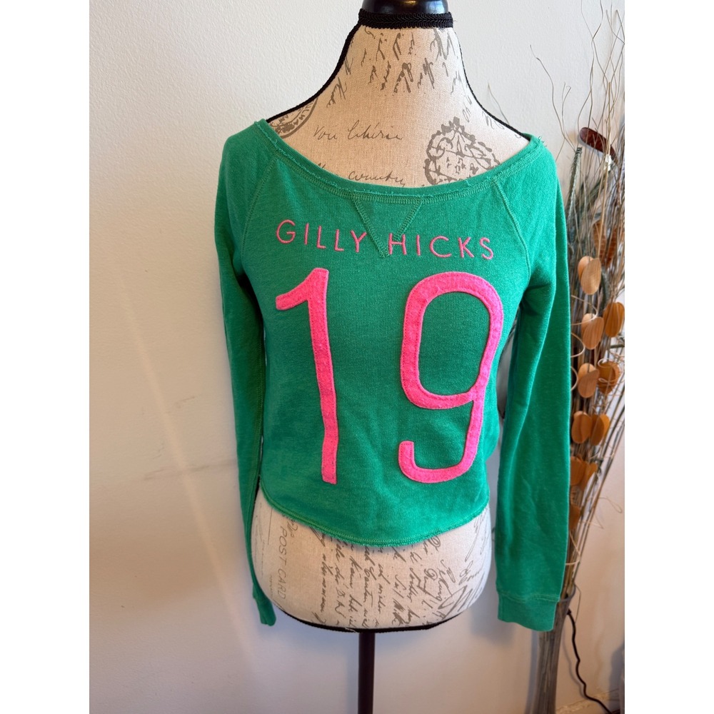 Gilly‎ Hicks Green Pink 19 Graphic Off Shoulder Cropped Sweatshirt Womens XS